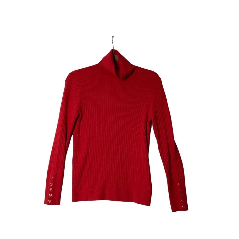 Talbots Ribbed Knit Turtleneck Sweater Women Small Red Button Detail Sleeve
